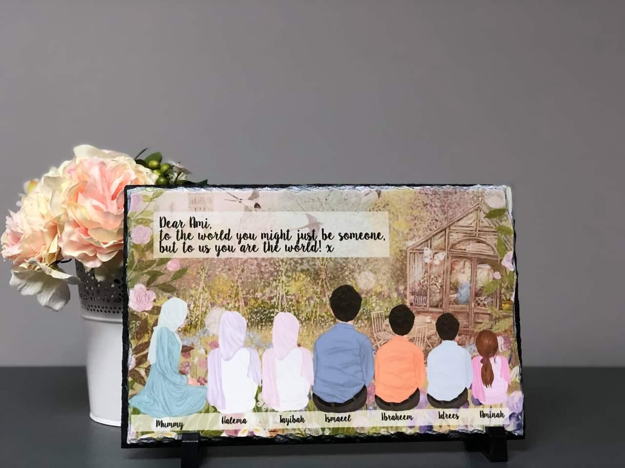 Personalised Family Sketch illustration on Rock Slate with stand Muslim Family