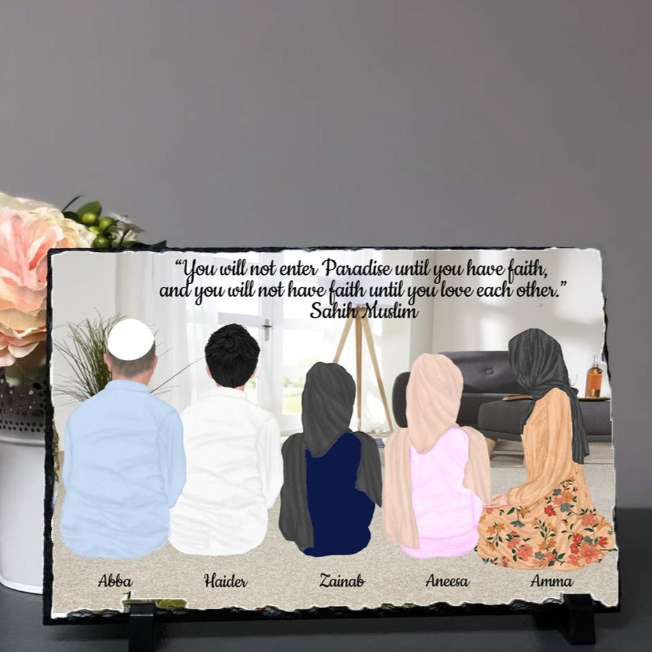 Personalised Family Sketch illustration on Rock Slate with stand Muslim Family