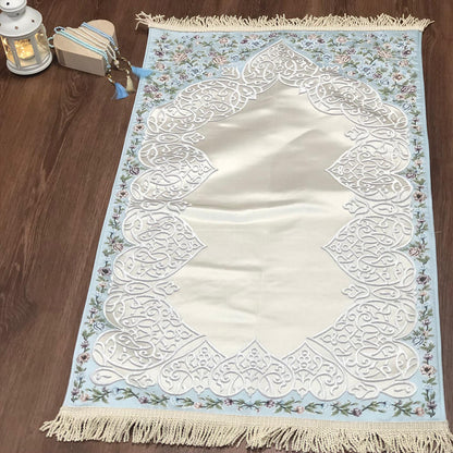 Floral Embroidered Design Premium Satin Padded Luxury Prayer Mat Embossed Detailing Couple Gift Wedding Eid Ramadan Islamic Gifts Personalised Prayer Mat