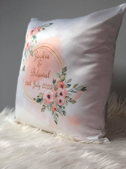 Shiny Satin Personalised Floral Design Cushion Cover Wedding Nikkah gift Decorative Cushion Couple Gifts