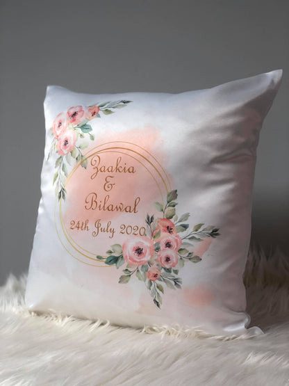 Shiny Satin Personalised Floral Design Cushion Cover Wedding Nikkah gift Decorative Cushion Couple Gifts