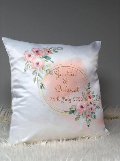 Shiny Satin Personalised Floral Design Cushion Cover Wedding Nikkah gift Decorative Cushion Couple Gifts