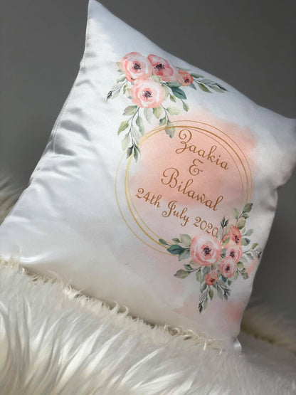 Shiny Satin Personalised Floral Design Cushion Cover Wedding Nikkah gift Decorative Cushion Couple Gifts