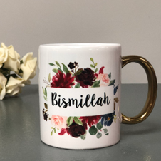 Bismillah Floral Design Flower Wreath Gold Handle Silver Handle Mug Islamic Gift Premium Quality Mug Muslim Gifts