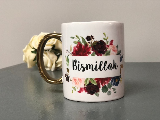 Bismillah Floral Design Flower Wreath Gold Handle Silver Handle Mug Islamic Gift Premium Quality Mug Muslim Gifts