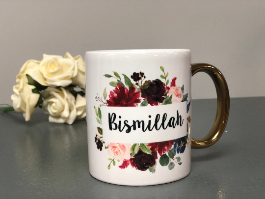 Bismillah Floral Design Flower Wreath Gold Handle Silver Handle Mug Islamic Gift Premium Quality Mug Muslim Gifts