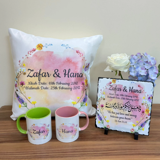 Personalised Couple name Wedding date Gift Set Wild flowers Floral Print Anniversary Wedding Gift Set