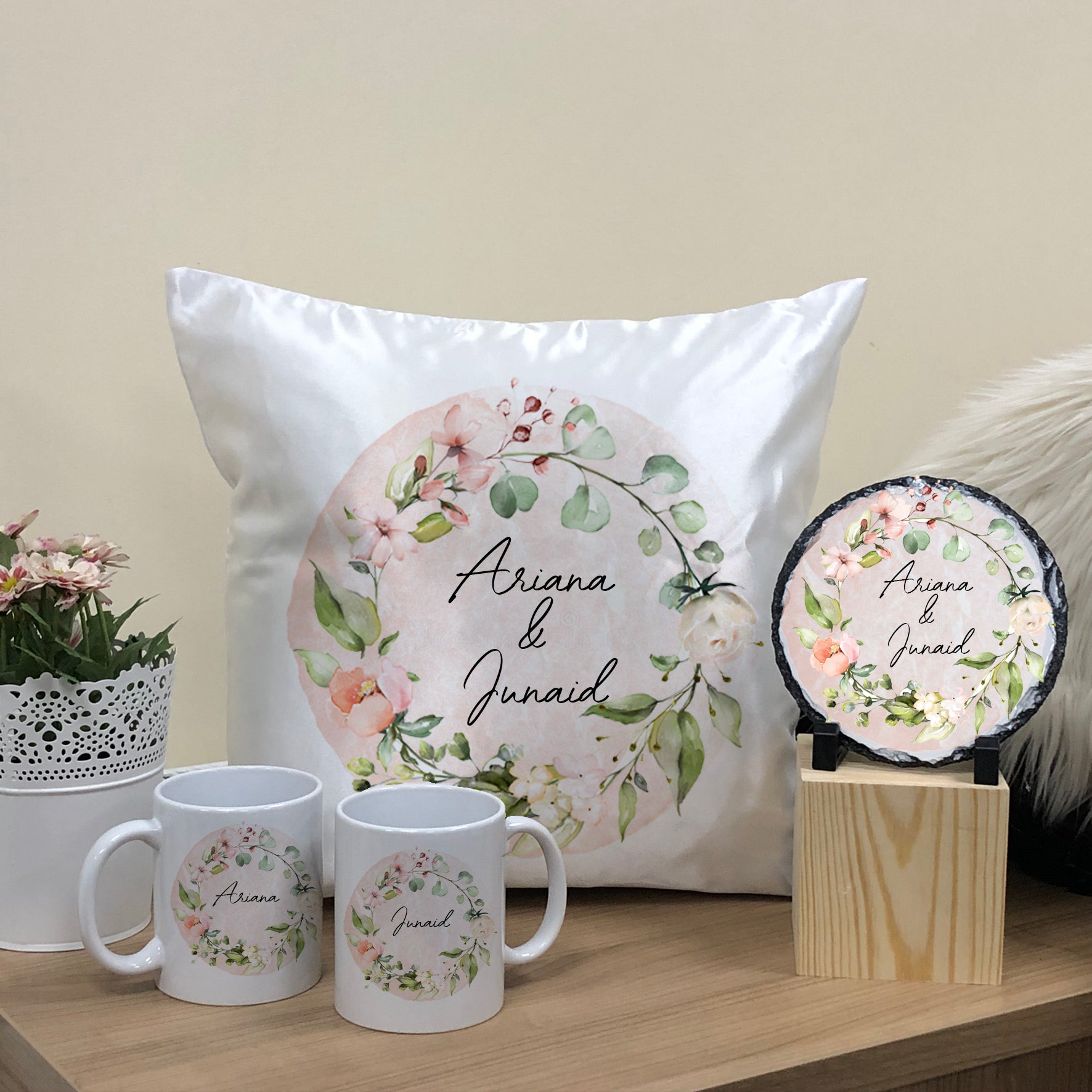 Pastel Floral Wreath Wedding Gift Bundle Frame Satin Cushion Mugs