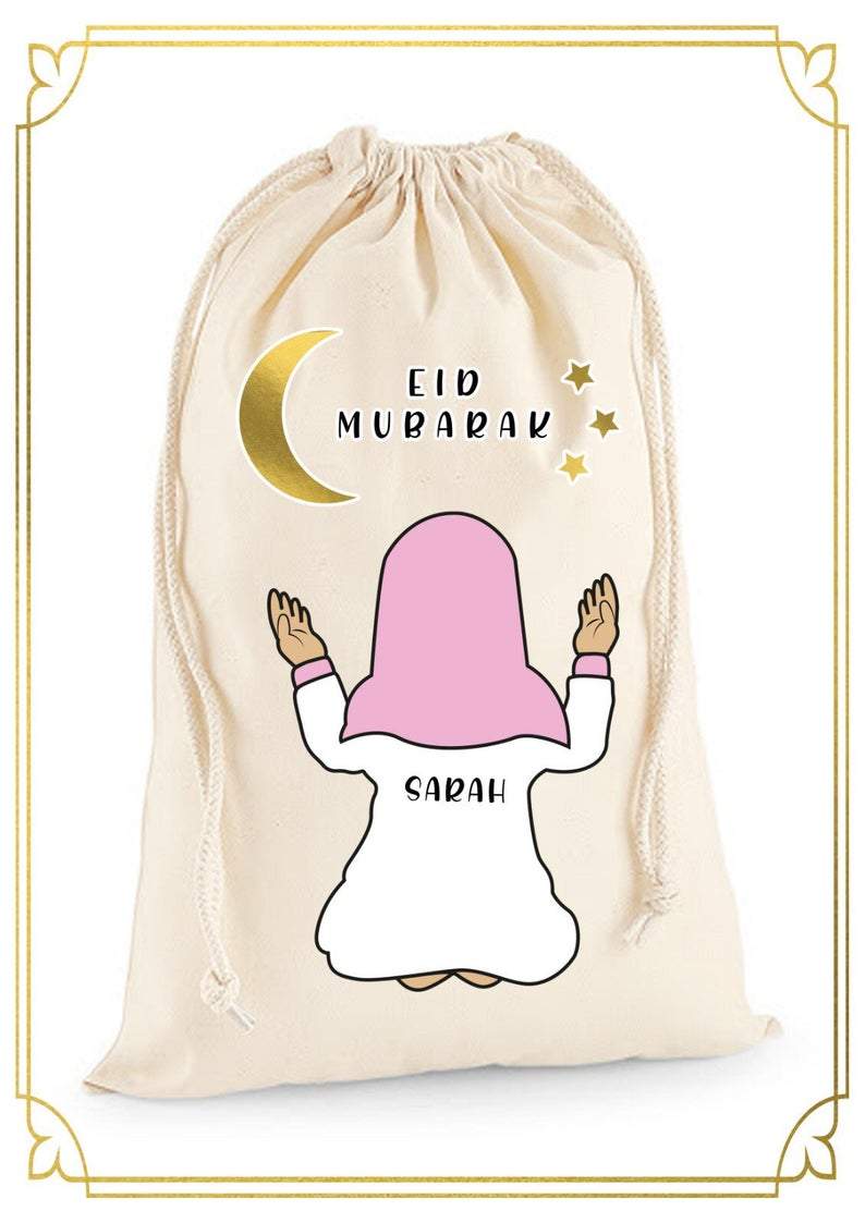 Personalised Eid Mubarak Cartoon Gift Sacks - 2 Styles 2 x Extra Large (49 x 75 cm) / Girl CartoonBee Free Prints