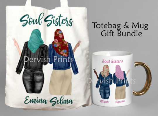 Soul Sisters Hijabi Muslim Best Friend Sisterhood Besties Personalised Name tote bag Mug Bundle Custom Soul Sisters Hijab Islamic Gift set bundle