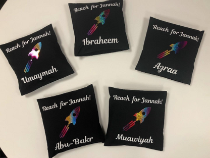 Reach for Jannah Personalised Rocket Rainbow Print Cotton Cushion