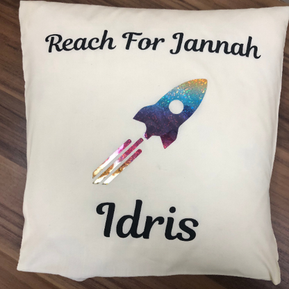 Reach for Jannah Personalised Rocket Rainbow Print Cotton Cushion