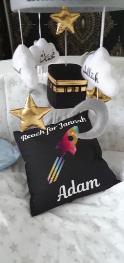 Reach for Jannah Personalised Rocket Rainbow Print Cotton Cushion