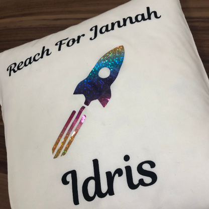 Reach for Jannah Personalised Rocket Rainbow Print Cotton Cushion