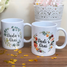 Personalised Grandparents mugs set Nana Nani Dada Dadi Floral Foliage wreath design customised pair mugs Urdu Hindi Gujrati Bangla