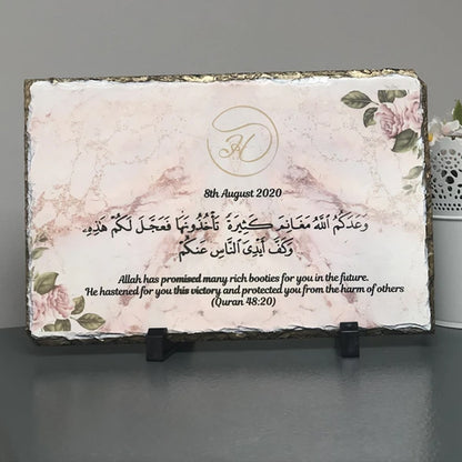 Gold Edges Personalised Pink Marble floral Rock Slate with stand - Can be personalised according to any occasion