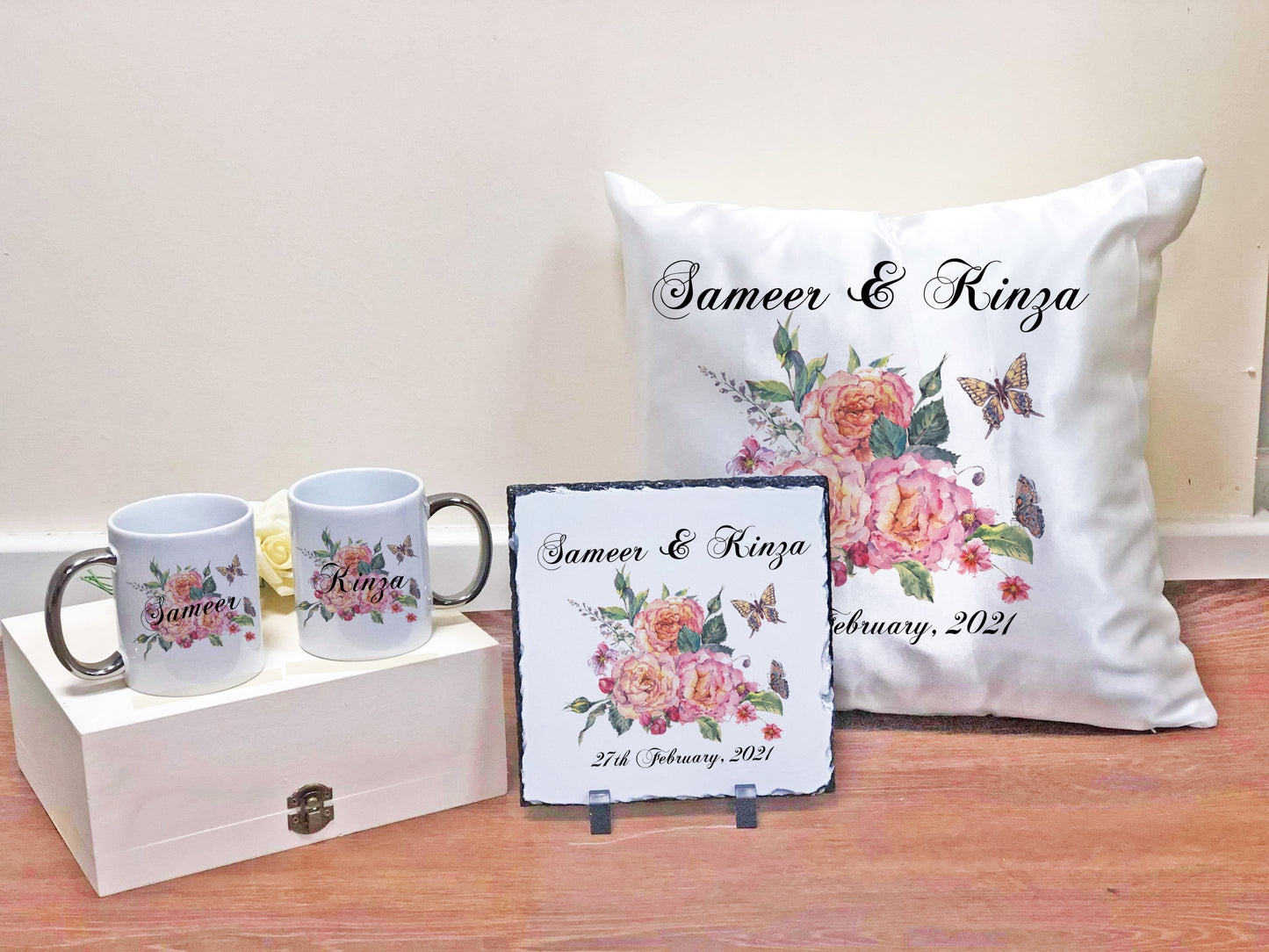 Vintage Rose Floral Design Wedding Gift Bundle Frame Satin Cushion Mugs Slate Hamper Set Nikkah Gift Set