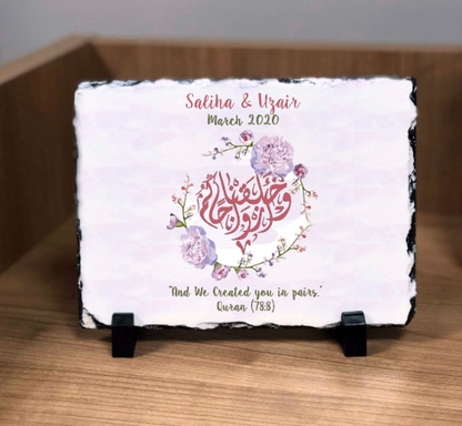 Personalised Purple Lavender watercolour effect Rock Slate with stand - Muslim Islamic Wedding Nikkah Couple Names Initial Wedding date gift